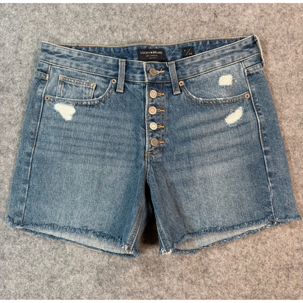 Lucky Brand Womens Blue Denim Button Fly Distressed Cut Off Shorts Size 6 28
